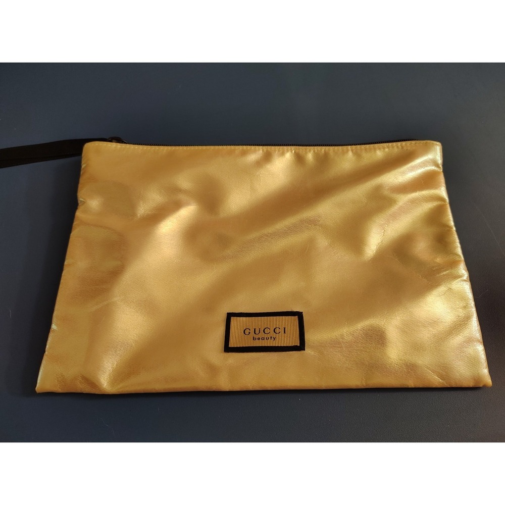 Gucci Beauty Gold Satin Cosmetic Pouch Floral Lined Makeup Bag Zipper Clutch